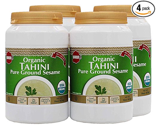 Baron's Kosher USDA Organic Pure Ground Sesame Tahini 16-ounce Jars (Pack of 4)
