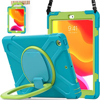 BATYUE iPad 8th/ 7th Generation Case, iPad 10.2 inch Case 2020/2019, Heavy Duty Rugged Kids Case with Screen Protector, Rotating Stand/Pencil Holder/Carrying Strap (Light Blue Lime)