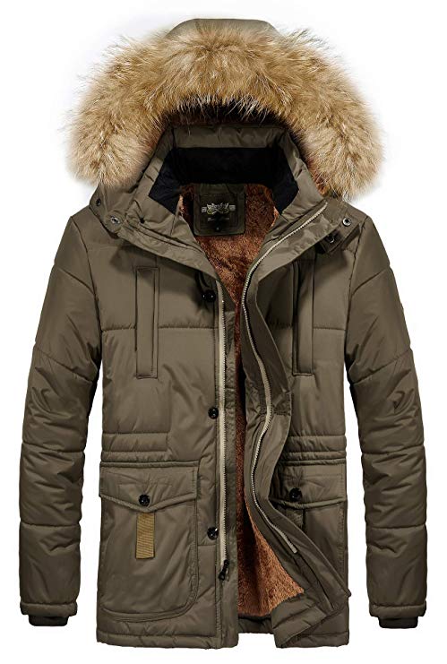 RongYue Men's Winter Thicken Coat Faux Fur Lined Quilted Jacket with Removable Fur Hood