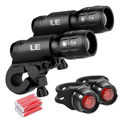 LE 2 Pack LED Bike Light Set,Front and Rear Bicycle Light Set,Batteries Included,3 Light Modes, 200lm, Water Resistant,Cycling Headlight and Taillight,Bike Lights, Easy Install/Quick Release