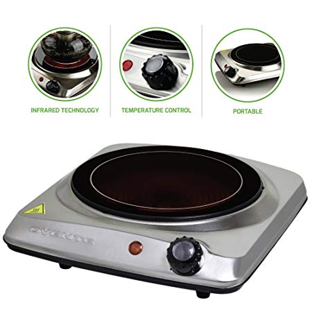 Ovente Countertop Infrared Burner – 1000 Watts – 7 Inch Ceramic Glass Single Plate Cooktop with Temperature Control, Non-Slip Feet – Indoor/Outdoor Portable Electric Stove – Stainless Steel (BGI101S)