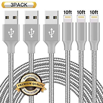 iPhone Charger, Neatlo MFi Certified Lightning Cable 3Pack 10FT Extra Long Nylon Braided USB Charging & Syncing Cord Compatible iPhone Xs/Max/XR/X/8/8Plus/7/7Plus/6S/6S Plus/SE/iPad-Grey