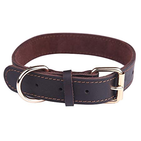Beirui Brown Black Genuine Leather Dog Collars for Medium and Large Dogs