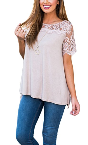 Newchoice Women's Summer Lace Blouse O-Neck Slit Lace Patchwork Short Sleeve Tunic Tops