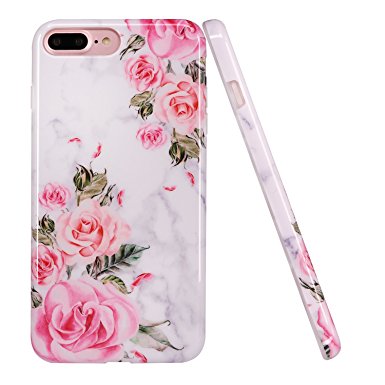 IPhone 8 Plus Case,iPhone 7 Plus Case, LUOLNH Shockproof Soft Silicone Rubber TPU Bumper Cover Skin Case for iPhone 7 Plus/8 Plus -Pink Rose Flower & Marble Pattern