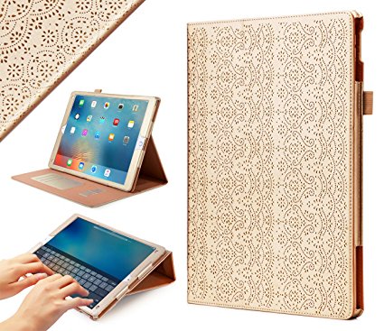 iPad Pro 12.9 Case, WWW[Luxury Laser Flower] Premium PU Leather Case Protective Cover with Auto Wake/Sleep Feature for Apple iPad Pro 12.9-inch Gold