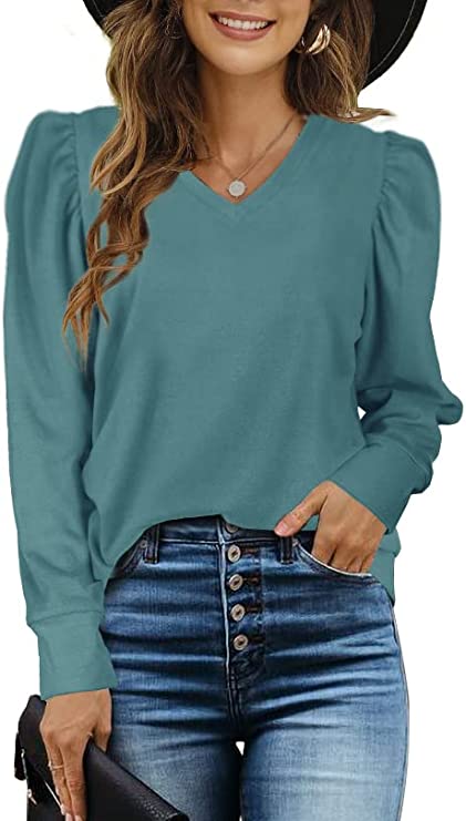 Sieanear Women's Puff Long-Sleeve V-Neck Sweater Casual Tunic Tops