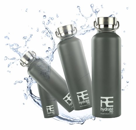 Rehydrate Pro Double-insulated Stainless Steel Water Vacuum Bottle Flask -Compatible to Swell Yeti Hydro and Klean Kanteen for Hot or Cold Drinks. BPA Free 25 Oz / 750ml   Bonus 'Flip N Sip' Sports Cap Included. Environmentally Friendly Packing
