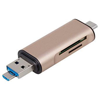 BEW Memory Card Reader with OTG SD / TF Slot for USB Type C / Micro USB / USB A Devices, Gold