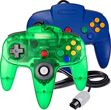 2 Pack N64 Controller, iNNEXT Classic Wired N64 Gamepad Joystick for Ultra 64 (Blue/Transparent Green)