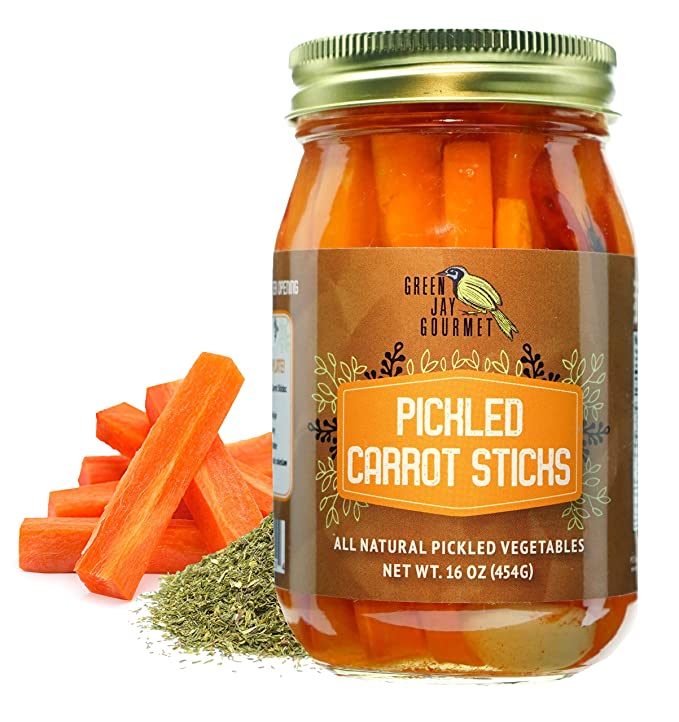 Green Jay Gourmet Pickled Carrot Sticks in a Jar - Fresh Hand Jarred Vegetables for Cooking & Pantry – Home Grown Pre-Prepared Pickled Carrot Sticks – Simple Natural Ingredients - 16 Ounce Jar