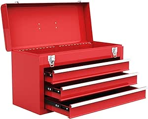 Giantex Portable Steel Tool Box, 20.5'' Toolbox w/ 3 Drawers & Top Storage Tray, Tool Storage Chest w/Double Latch System, Ball Bearing Drawer Slides, EVA Liners & Carrying Handle, Red