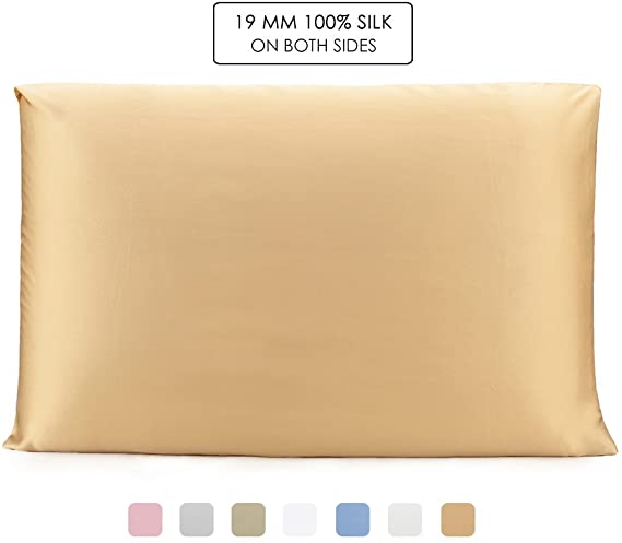 OLESILK 100% Mulbery Silk Pillowcase with Hidden Zipper for Hair and Skin Beauty,Both Sides 19mm Charmeuse Gift Box -Gold, Queen