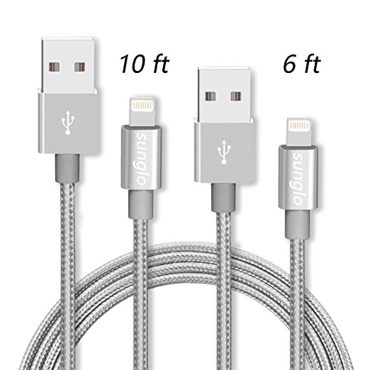 iPhone Cable,Sunglo(TM) 10ft and 6ft Gray Extra Long Nylon Braided High Speed Sync Apple USB Data Charging Lightning Cable Cord for iPhone 6,6s, 6 plus,6s plus,iPhone 5 5s 5c 5E,iPad Air, iPod,iPad mini
