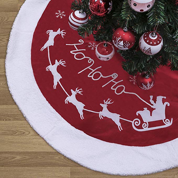 Valery Madelyn 48 inch Traditional Red White Velvet Christmas Tree Skirt Decorations with Santa Reindeer and Faux Fur, Themed with Christmas Ornaments (Not Included)