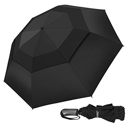 Adoric Windproof Travel Umbrella Compact Reverse Folding Umbrella with Reinforced Double Canopy - Auto Open/Close for Car & Outdoor (Black)