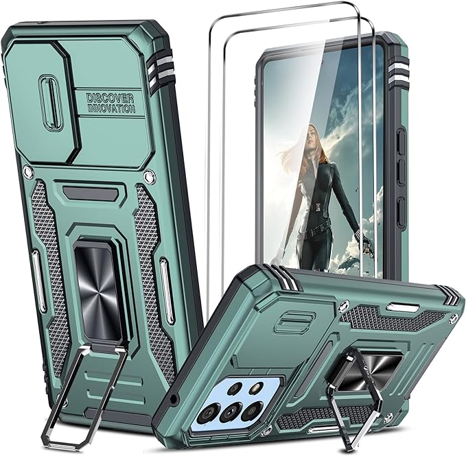 LeYi for Galaxy A53 5G Case: Samsung Galaxy A53 Case with Slide Camera Cover   [2 Packs] Screen Protector, Full Body Military-Grade Case with Upgarde Kickstand for Samsung A53, Alpine Green