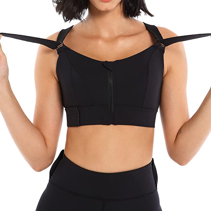 INIBUD Womens High Impact Sports Bra Front Zipper Closure Adjustable Velcro Straps Shockproof Post-Surgery Workout Bra