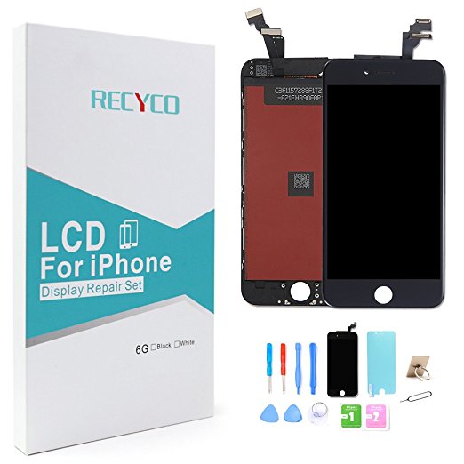 LCD For iPhone 6 Screen Replacement Display - Touch Screen Digitizer Frame Assembly With repair guide Including Ear Mesh Sensor Ring Camera Ring (Black)