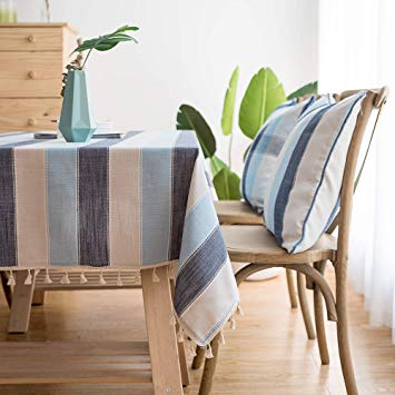 LINENLUX Striped Cotton Linen Tablecloth/Table Cover with Tassel Blue Navy Rectangle/Oblong 55 X 86 in