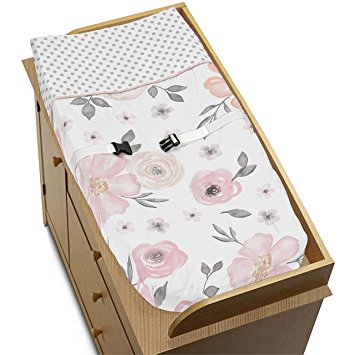 Sweet Jojo Designs Blush Pink, Grey and White Changing Pad Cover for Watercolor Floral Collection by