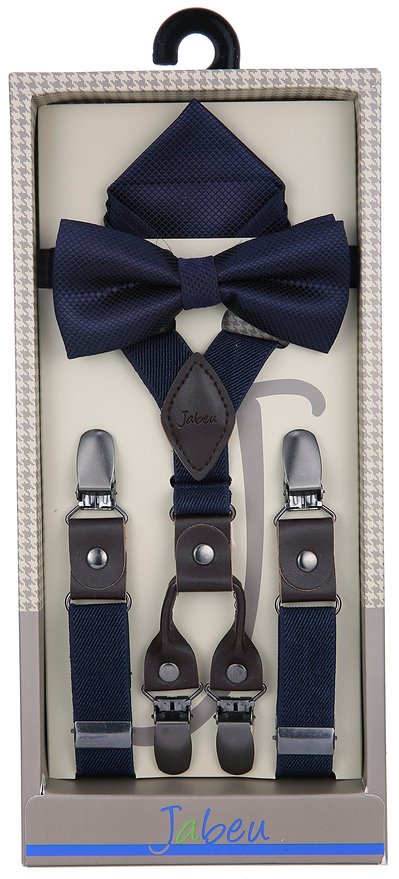 Jabeu Elastic ¾ Inch Skinny Fashion Suspenders Features Genuine Leather Tips, with Polyester Design Pocket Square and Pre-Tied Bow Tie Gift Set, Unisex. Men Boys Girls and Toddlers