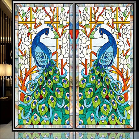 OstepDecor Custom Peacock Translucent Non-Adhesive Frosted Stained Glass Window Films 24" W x 36" H (One Panel)