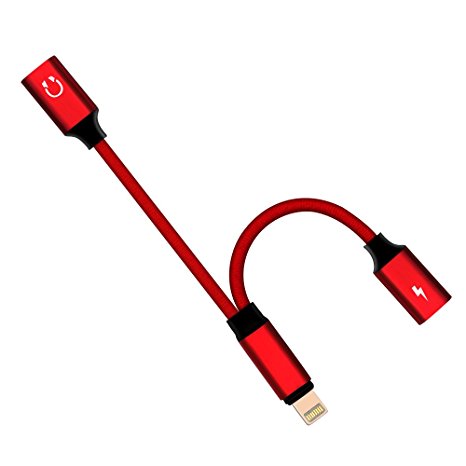 Gogooda iPhone Headphone Adapter, Audio Splitter Lightning to Dual Lightning Headphone Jack Charge Adapter for iPhone 7 Plus / iPhone 8 Plus (Red)