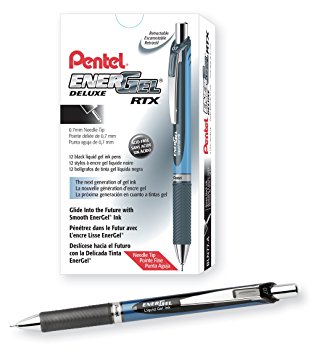 Pentel EnerGel Deluxe RTX Retractable Liquid Gel Pen, Medium Line, Needle Tip, Black Ink, Box of 12 (BLN77-A)