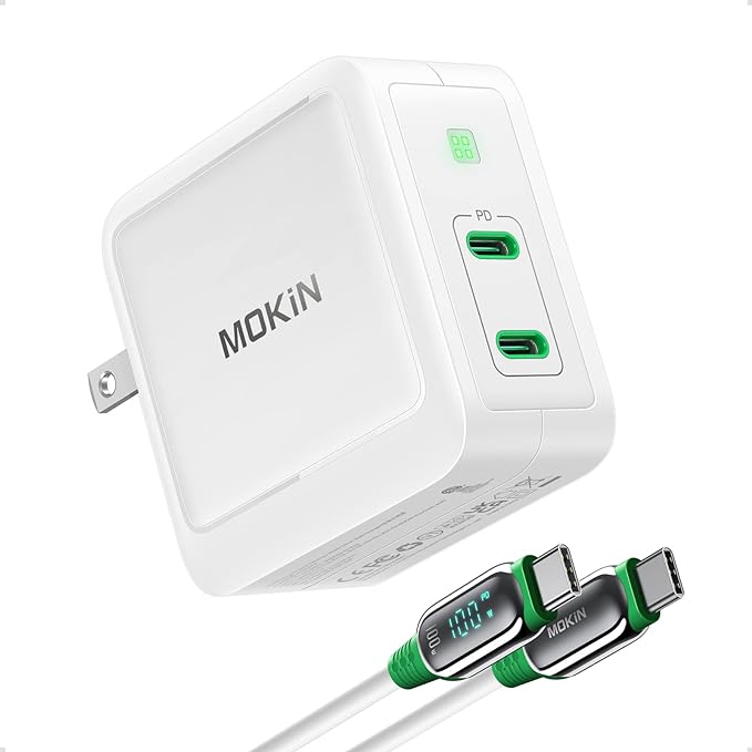 MacBook Pro Charger, MOKiN 100W USB C Gan Charger, 2 Port Type C Wall Charger Foldable Power Adapter with 4ft C to C LED Display Cable for MacBook Pro/Air, iPhone 14 Pro Max, iPad, Google Pixelbook