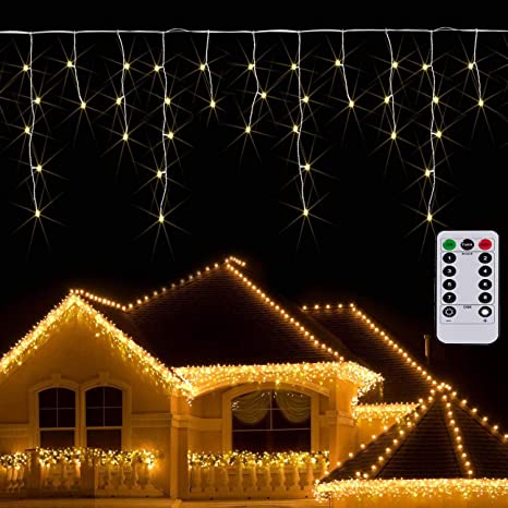 Outdoor Icicle Curtain Light Battery Powered 9.8ft Window Christmas Curtain Light Garland Twinkle String Light for Outdoor Indoor Xmas New YearDecor(Warm White)