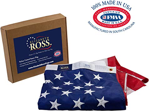 Elizabeth Ross American Flag, Nylon, PERMA-NYL, 3' x 5' 100% Made in USA, Sewn Stripes, Embroidered Stars, Heavy-Duty Brass Grommet, Premier US Products from Valley Forge Flag