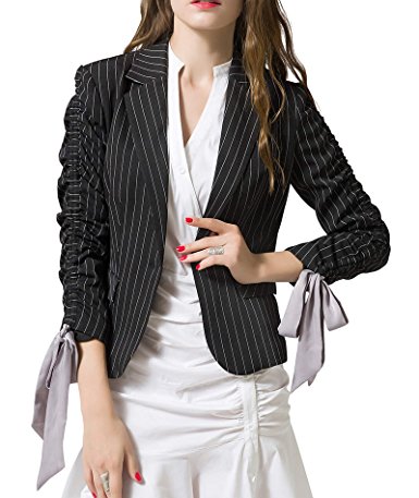 Zevrez Women's Work Jacket Long Sleeve Navy Blue Casual Office Slim Suit Striped Button Blazer