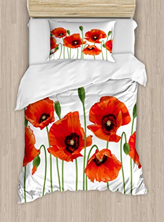 Ambesonne Floral Duvet Cover Set Twin Size, Poppies of Spring Season Pastoral Flowers Botany Bouquet Field Nature Theme Art, Decorative 2 Piece Bedding Set with 1 Pillow Sham, Red and Green