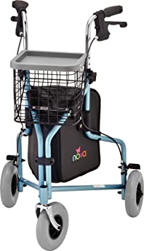 NOVA Medical Products NOVA Traveler 3 Wheel Rollator Walker, All Terrain 8” Wheels, Includes Bag, Basket and Tray, Diamond Sky Blue