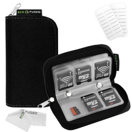 Memory Card Carrying Case - Suitable for SDHC and SD Cards - 8 Pages and 22 Slots - ECO-FUSED Microfiber Cleaning Cloth Included (Black)