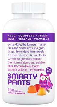 SmartyPants Adult Complete and Fiber Gummy Vitamins: Multivitamin, Inulin Prebiotic Fiber, & Omega 3 DHA/EPA Fish Oil, Folate (Methylfolate), Methyl B12, Vitamin D3, 180 count (30 Day Supply)