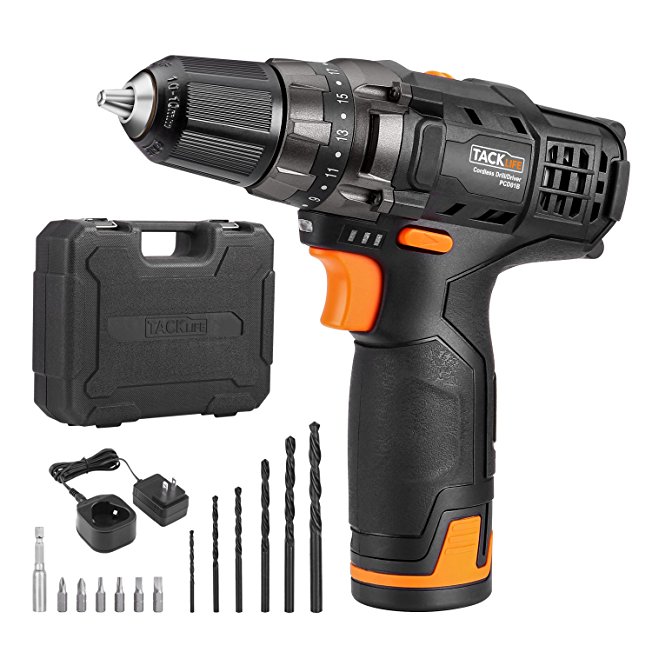 Tacklife 12V Lithium-Ion Cordless Drill/Driver Kit - PCD01B 3/8-inch Chuck 27N.m 19 1 Torque Setting with LED, 100-240V Charger, Advanced Battery Cell, Drill and Screwdriver Bit Accessory Set Included