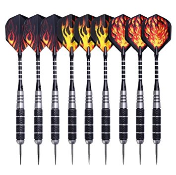 9 Pack Steel Tip Darts 23 Grams with Nonslip Iron Barrel and Aluminum Dart Shafts,Tip Dart Metal Darts with 3 Extra Flame Pattern Flight