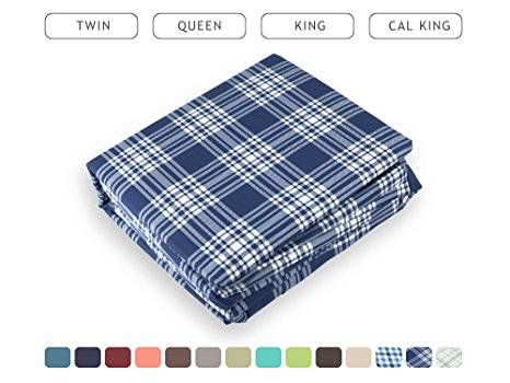 Luxe Bedding Bed Sheet Set - Brushed Microfiber 2000 Count Plaid - Wrinkle, Fade, Stain Resistant - Hypoallergenic - 4 Piece - Hotel Quality - Unique Presents for family (Queen, Plaid / Navy)