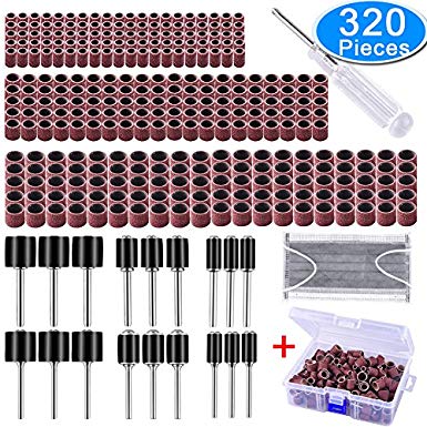 AUSTOR 320 Pieces Sanding Drum Kit with Free Box Including 300 Pieces Sanding Sleeves and 18 Pieces Drum Mandrels for Dremel Rotary Tool (Bonus: 1 Pc Screwdriver and 1 Pc Disposable Earloop Face Mask)