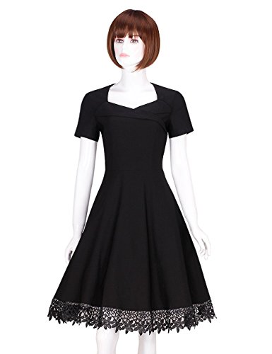 ADAMARIS Women's Summer Square Collar Slim Short Sleeve Black A-Line Dress