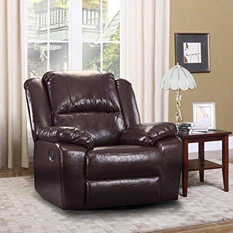 Oversize Ultra Comfortable Bonded Leather Rocker and Swivel Recliner Living Room Chair (Brown)