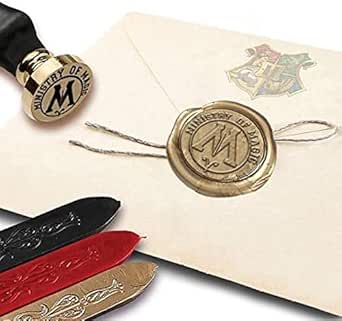 Harry Potter Ministry of Magic Wax Seal Stamp Kit with Brown Wood Handle and Red Gold and Black Sealing Wax