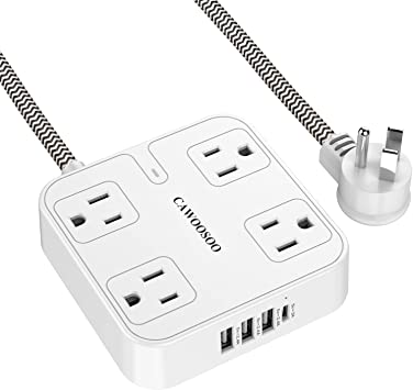 Flat Plug Power Bar with USB C - Power Strip, 4 Widely Spaced Outlets, 4 USB Ports, 5ft Braided Extension Cord Indoor, Desktop Charging Station for Home, Office, Cruise Ship, Dorm, Wall Mount, White