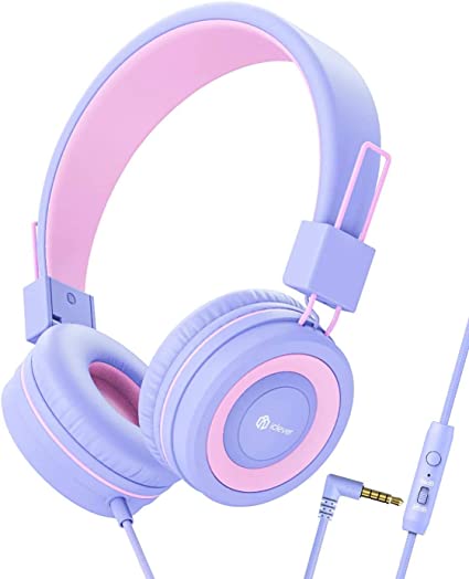 iClever Kids Headphones for Girls with Mic, 85/94dB Volume Control, Wired Headphones for Kids, Adjustable Headband, Foldable Children Headphones for iPad/Tablet/Airplane/School, Purple