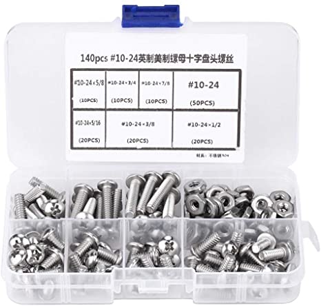 140pcs set #10-24 Cross Pan Head Screws Stainless Steel Machine Bolts Nuts with Plastic Storage Box Assortment kit