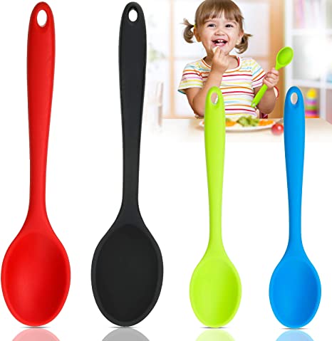 4 Pack Silicone Mixing Spoons Set Nonstick Kitchen Spoons Cooking Baking Spoons for Kitchen Cooking Stirring, Large and Small (Red, Black, Blue, Green)