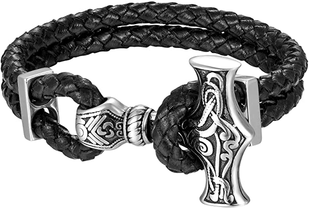 CHOMAY Stainless Steel Leather Bracelet Two-Tone 5mm Cowhide Viking Hammer Bangle Men 19.5/20.5/21.5cm