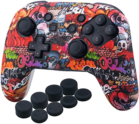YoRHa Studded Silicone Transfer Print Cover Skin Case ONLY for Nitendo Official Switch Pro Controller x 1(Skull Graffiti) with Pro Thumb Grips x 8